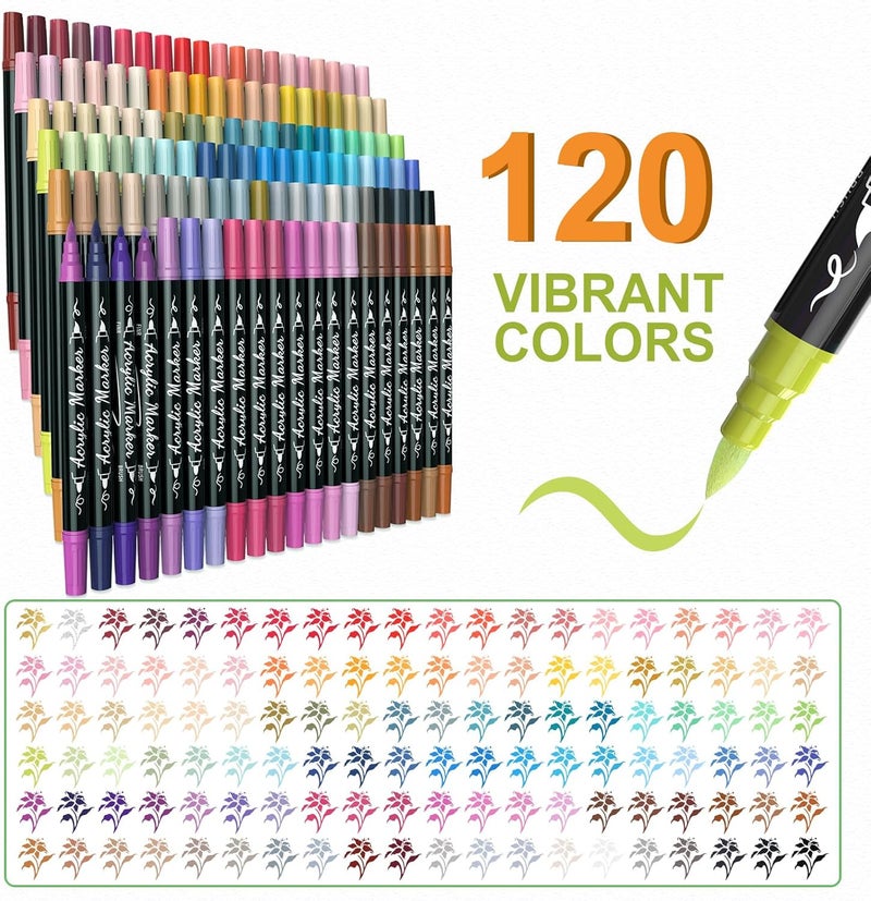 TOSHARE 120 Colors Acrylic Paint Markers Waterproof Dual Tip Acrylic Paint Pens with Brush & Fine Tip Professional Marker Set Scrapbook Markers for Paper Rock Wood Fabric Glass Ceramic and DIY Crafts - Image 2